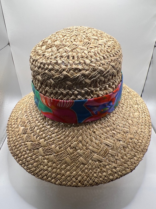 282. NWT. Johnny Was Raffia Boho Resort Hat w/ Turquoise Multicolor Scarf. main image 7